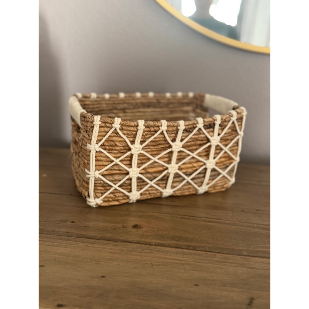 Boho Woven Seagrass Basket Macrame Overlay Rope Handles Small Storage